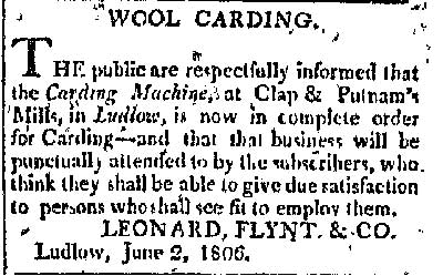 Advertisement for the Ludlow mills in 1806